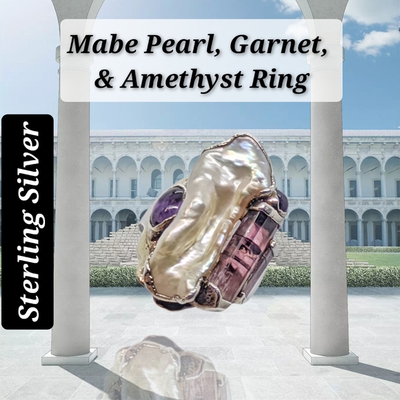 .Mabe Pearl, Garnet, & Amethyst Sterling Silver Ring - Picture 6 of 8